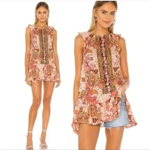 NWT Free People‎ M Linen Blend Summer Ruffle Floral Tunic Top Tulum Pink Combo - Picture 1 of 10